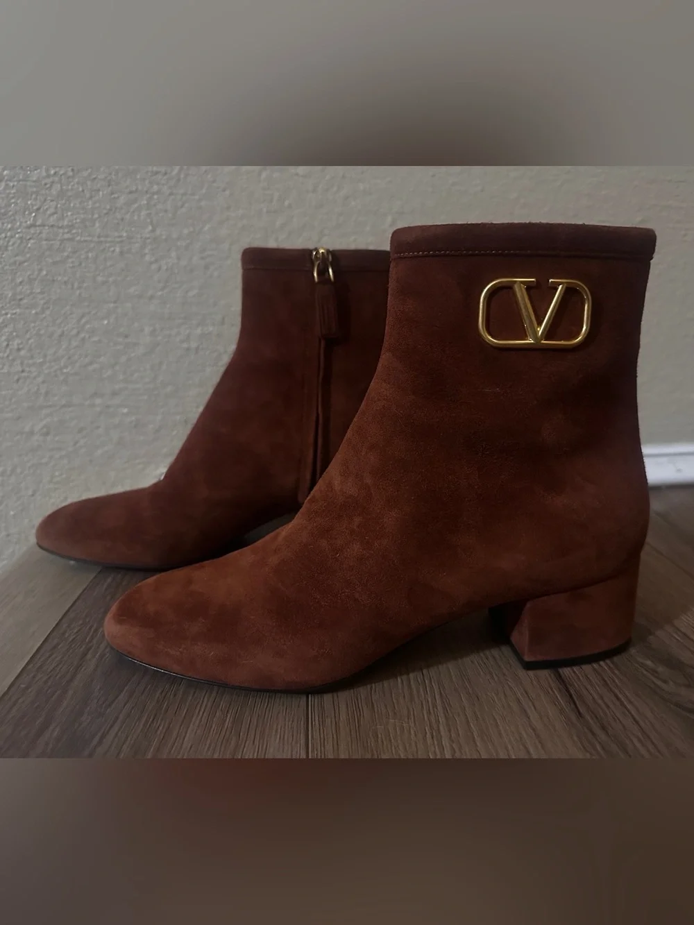 Valentino Rust Brown Suede Ankle Boots with Gold V Logo